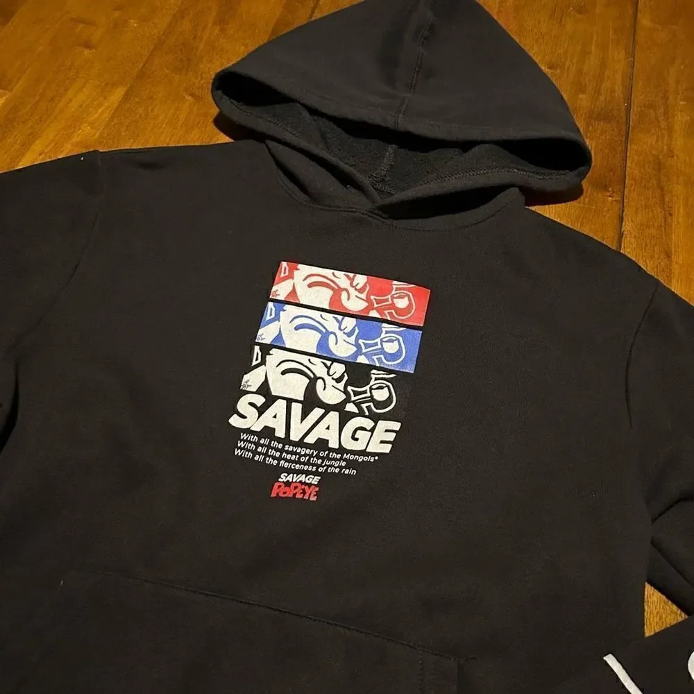 Savage Popeye Hoodie Black Hooded Sweater Sweatshirt Pullover Boys Youth Sz L